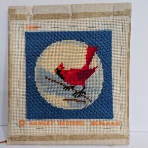 Vintage Sunset Designs Completed Needlepoint Kit Red Cardinal Bird Winter 1971
